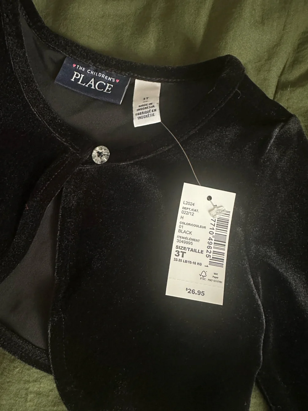 The Children's Place Black Velvet Cropped Cardigan